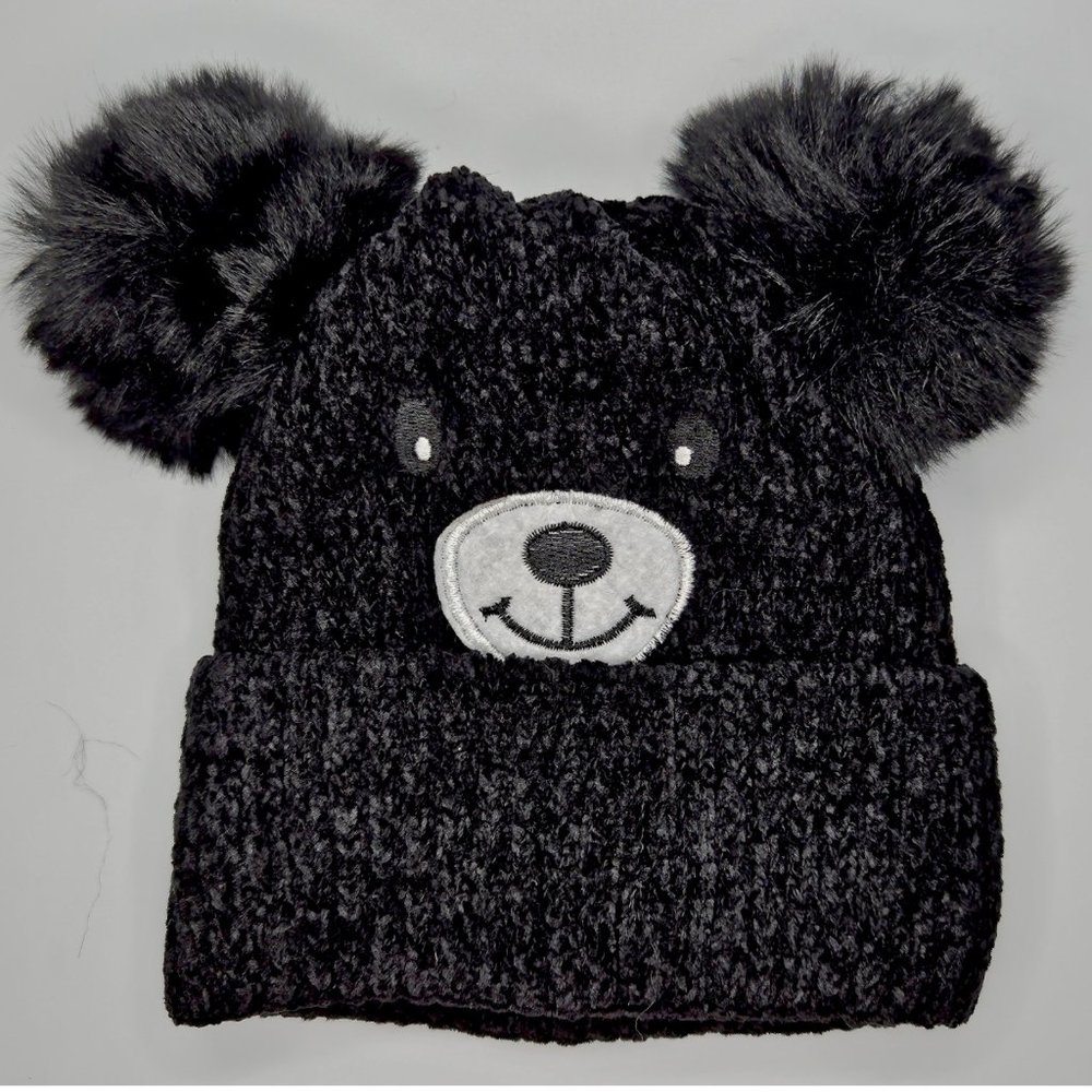 Black Kids Teddy Bear Sherpa Lined Soft Knit Pom Pom Beanie  Winter Hat